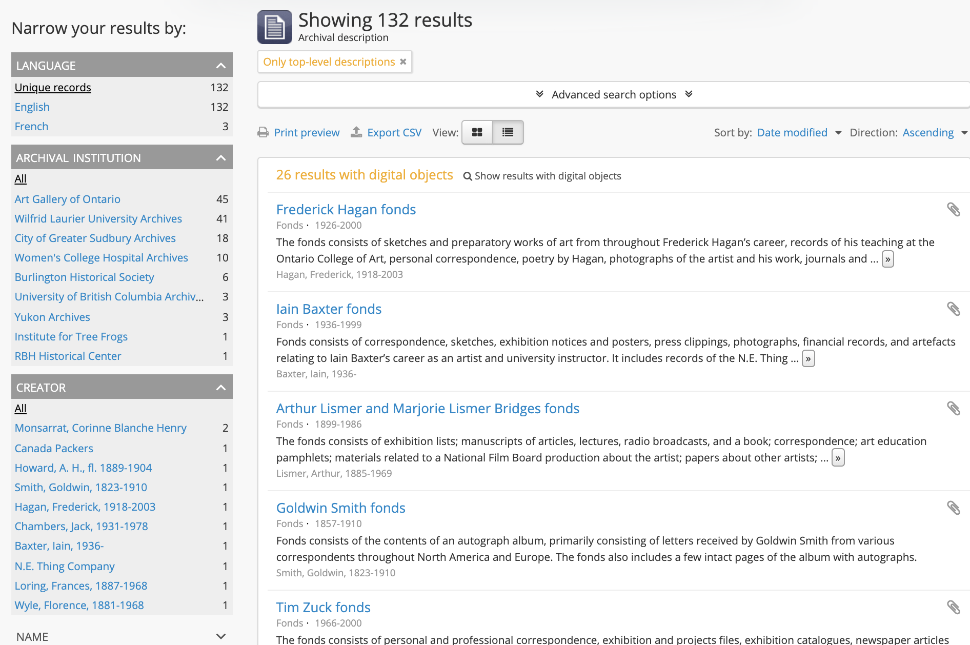 View of browsing archival descriptions