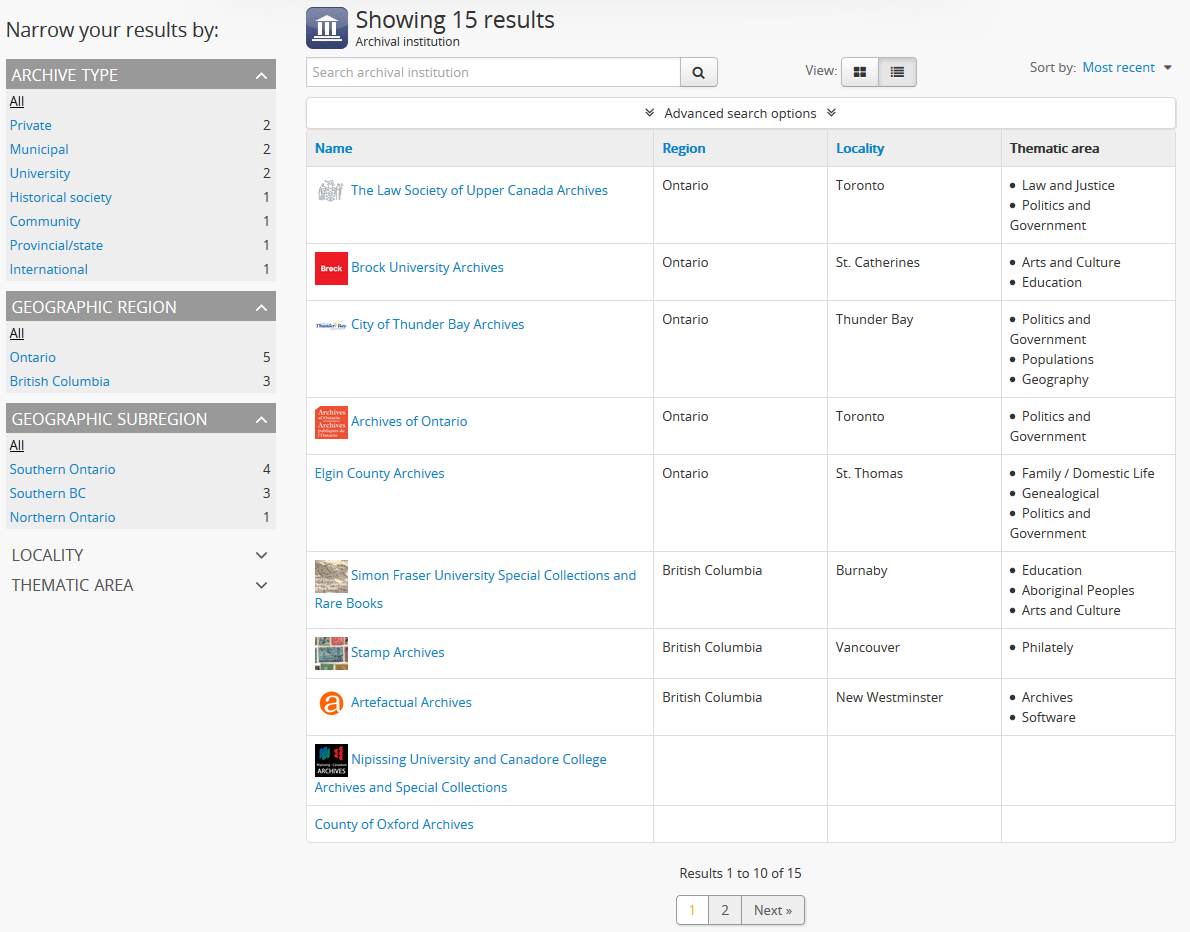 View of browsing archival institutions, table view