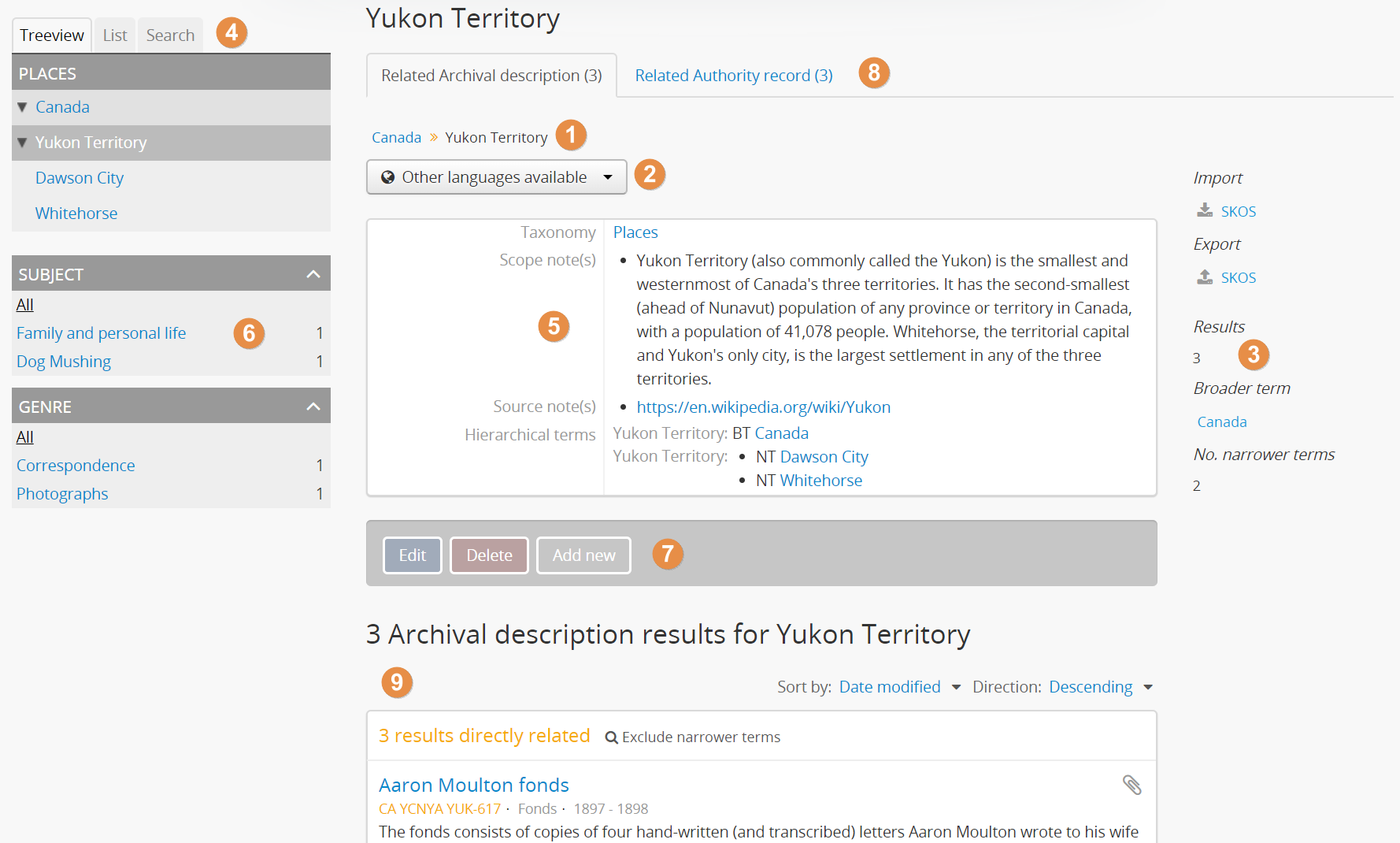 View of browsing a place term (annotated)