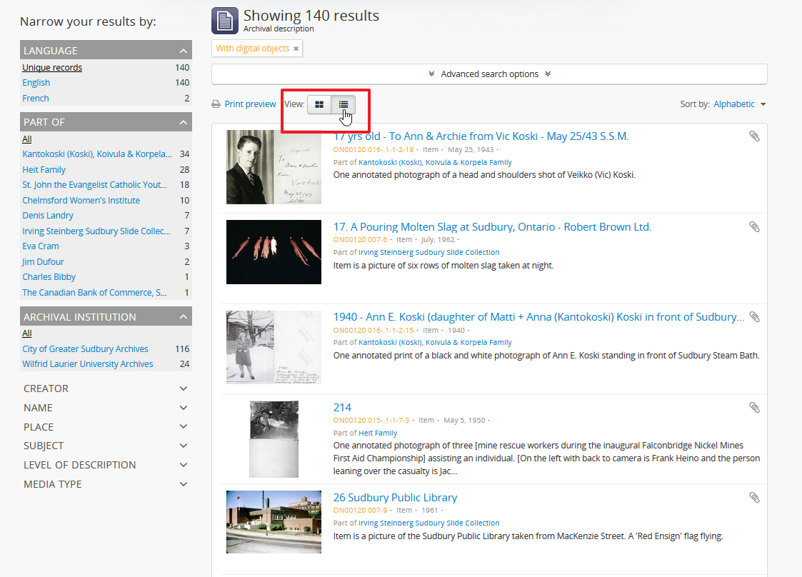 The view toggle button on the Description browse page