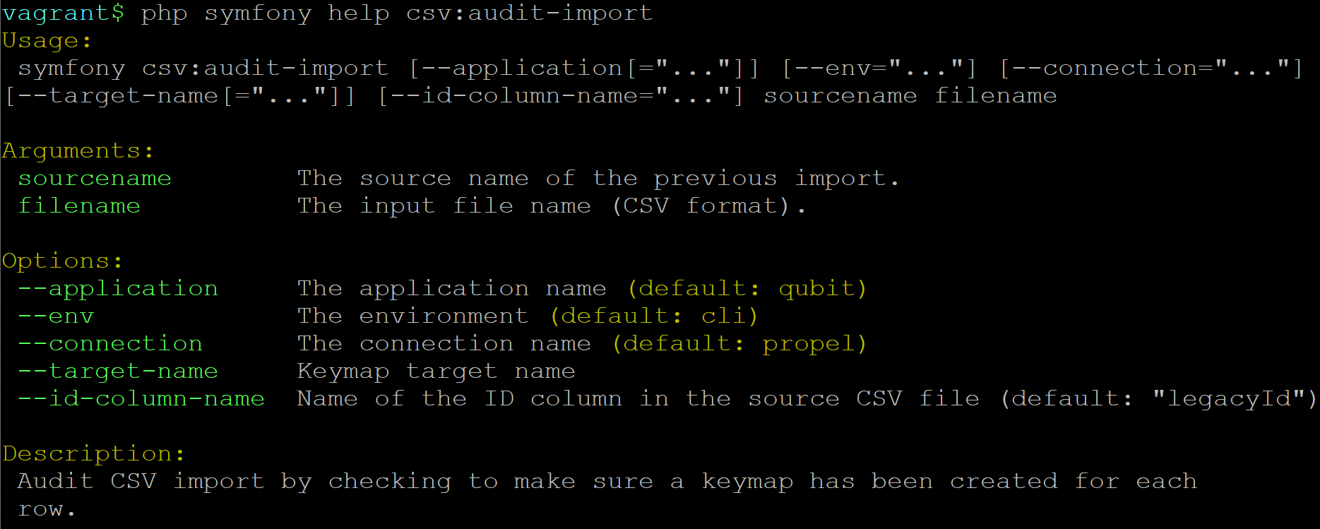 An image of the help output shown in the console for the csv:audit-import command-line task