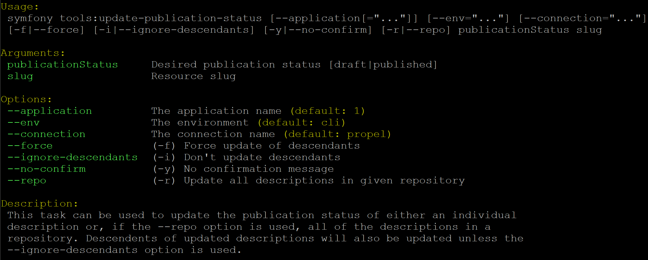 The CLI options when invoking the publication status command