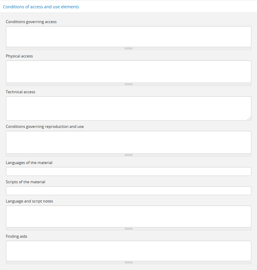 Data entry fields in the DACS conditions of access and use elements