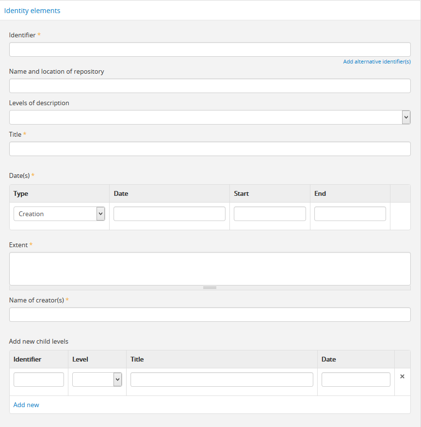 An image of the data entry fields in the DACS Identity elements.