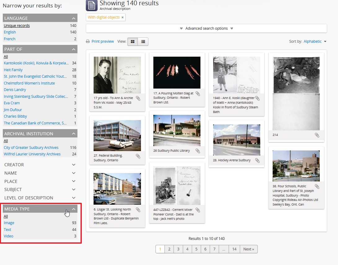 The media type facet in AtoM's search and browse pages