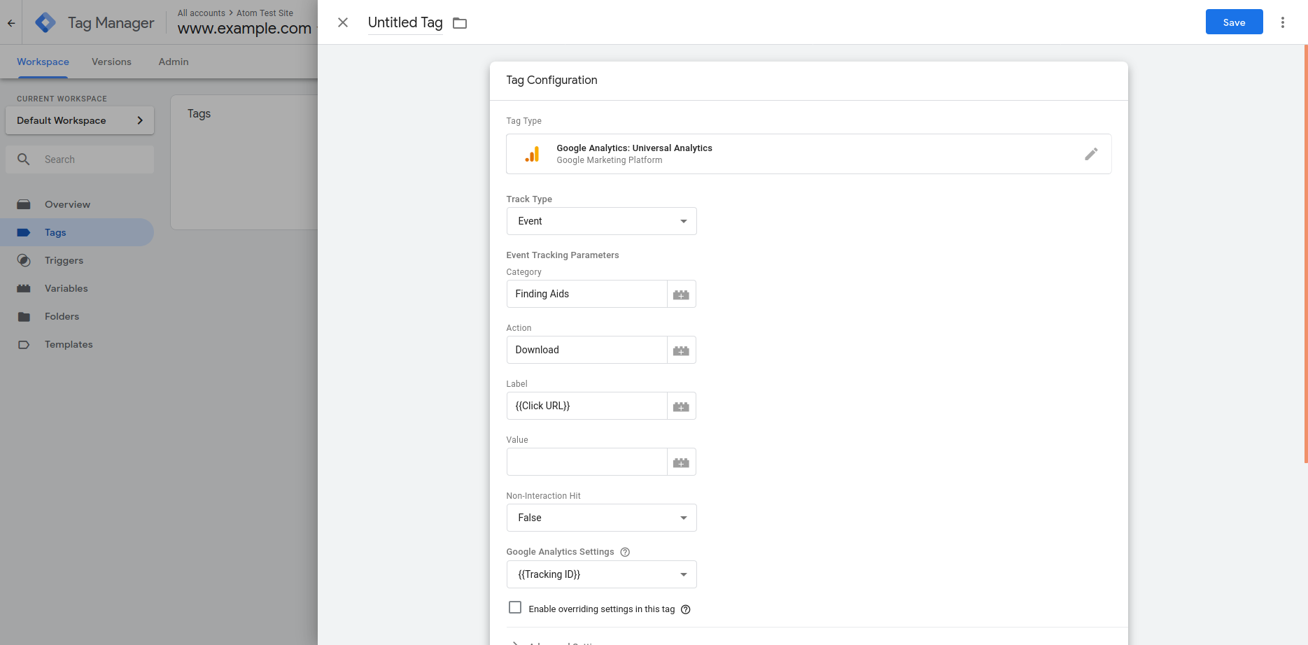 Google Tag Manager Tags configuration panel - setting the Event label