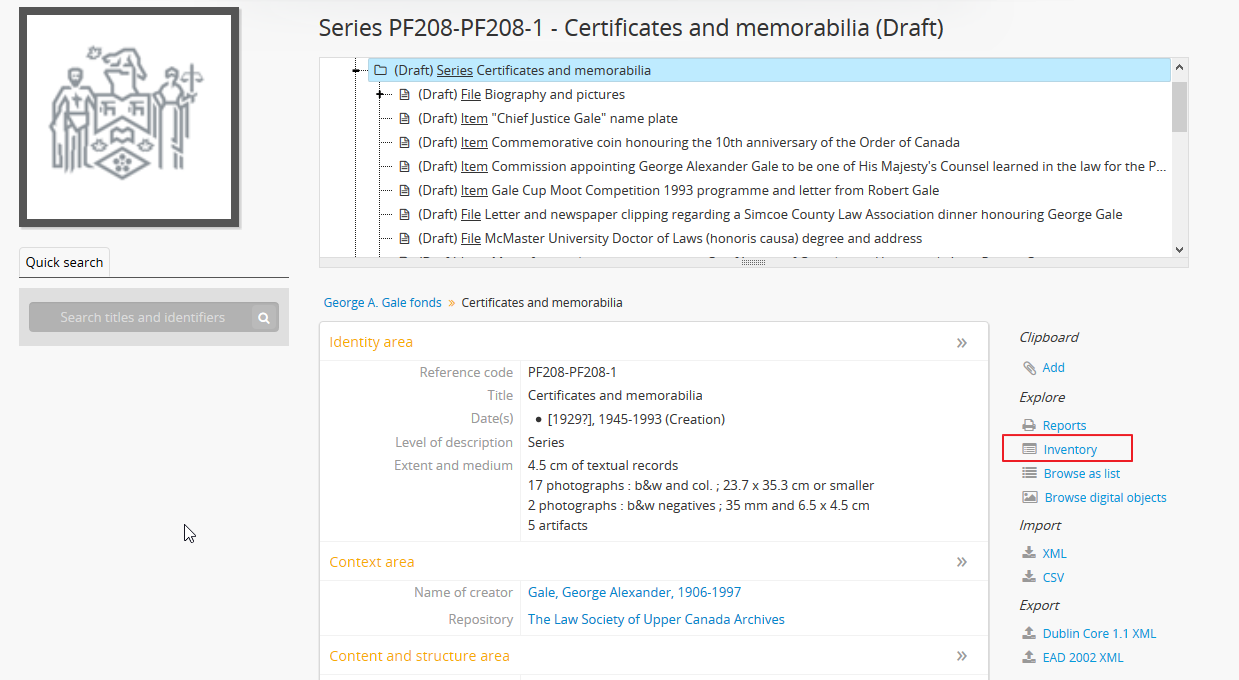 An image of the Inventory link in the right-hand context menu of an archival description.