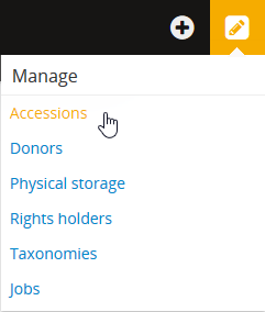 An image of a user selecting Accessions in the Manage menu