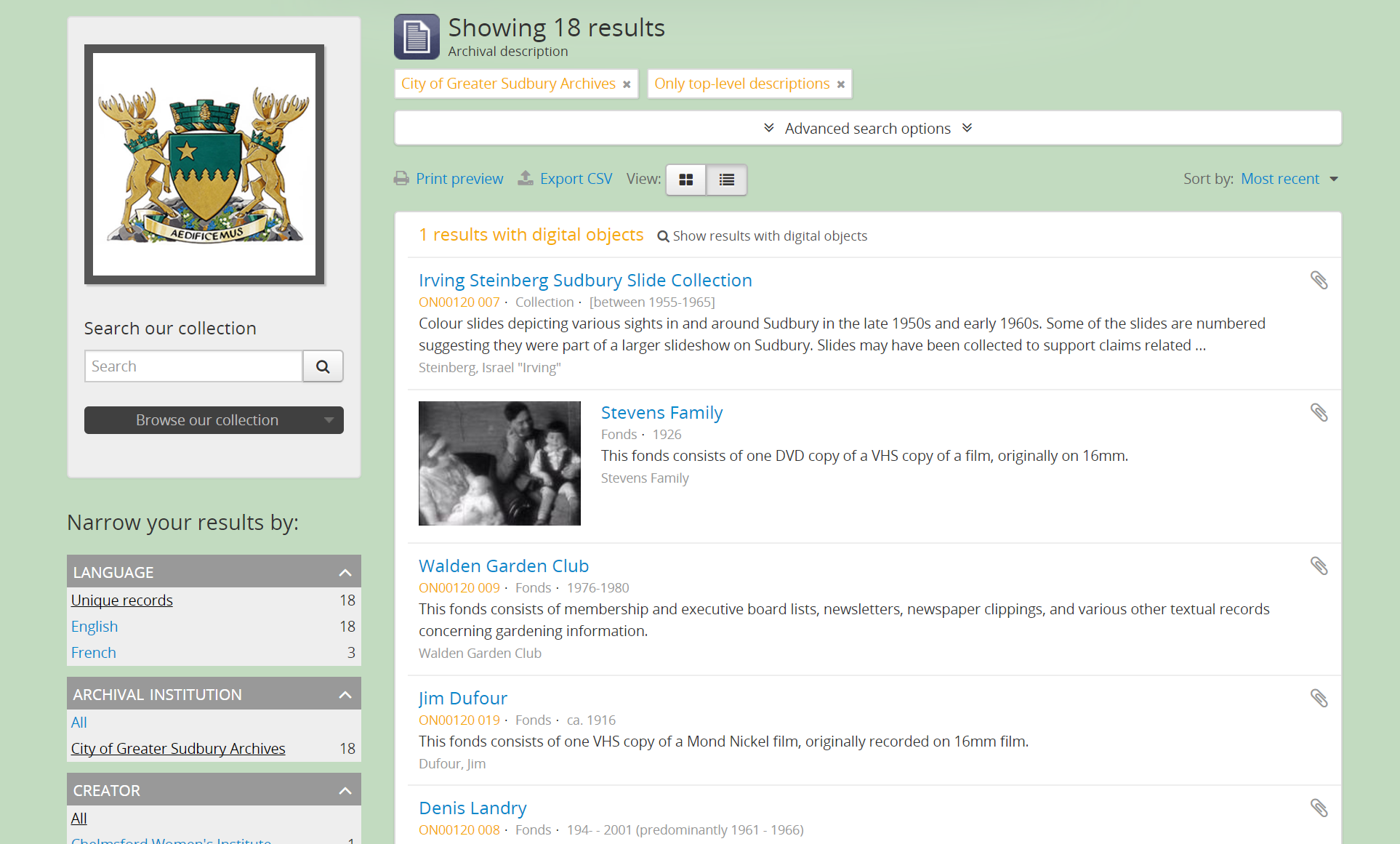 An image of an archival description browse page, limited to the holdings of a particular repository, with insittutional scoping enabled.