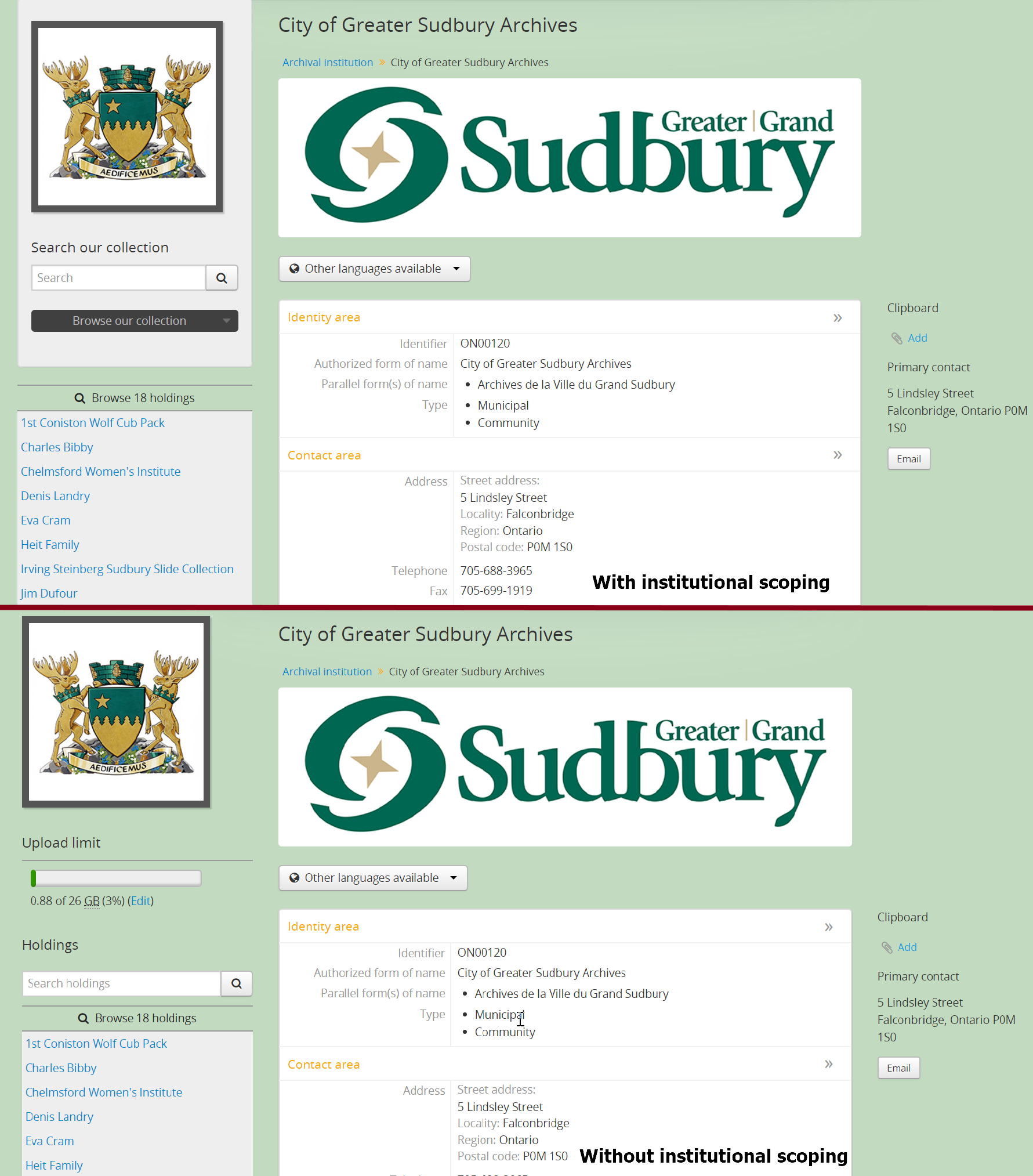 An comparison of the repository view page with and without institutional scoping