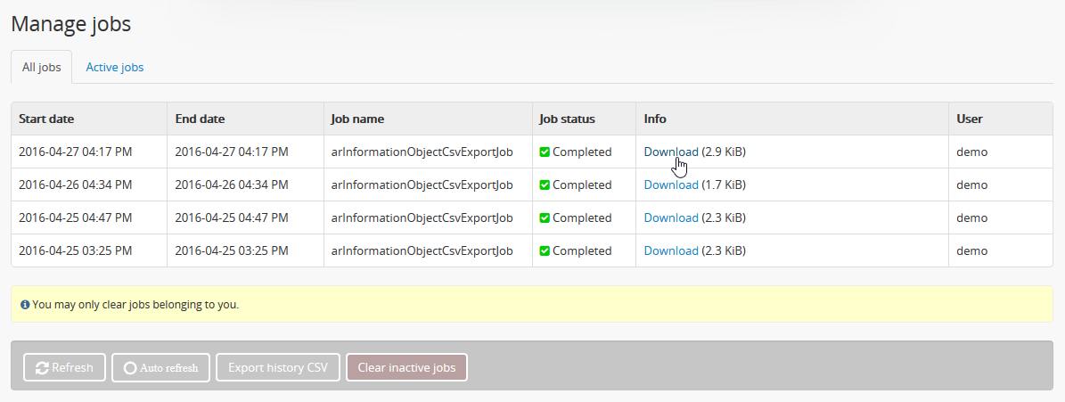 An image of the jobs page after a CSV export has been executed