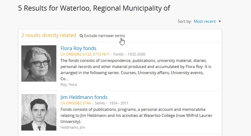 View of the option to exclude narrower terms in Places browse