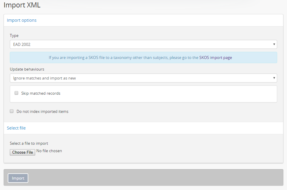 The XML import page in AtoM