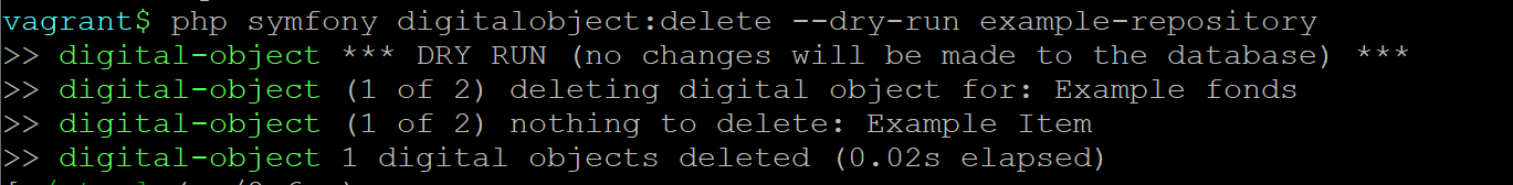 An image of the command-line's dry run output for the digital object delete task