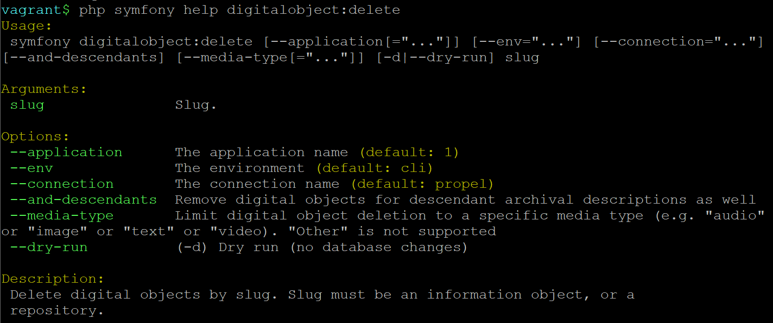 An image of the command-line's help text for the digital object delete task