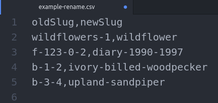 An image of an example CSV file used for a rename-slug command