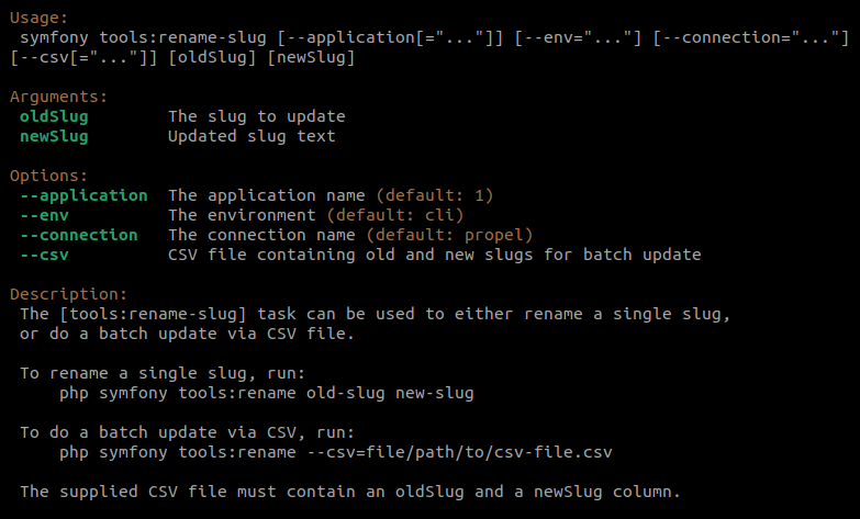 An image of the CLI options when invoking the tools:rename-slug command