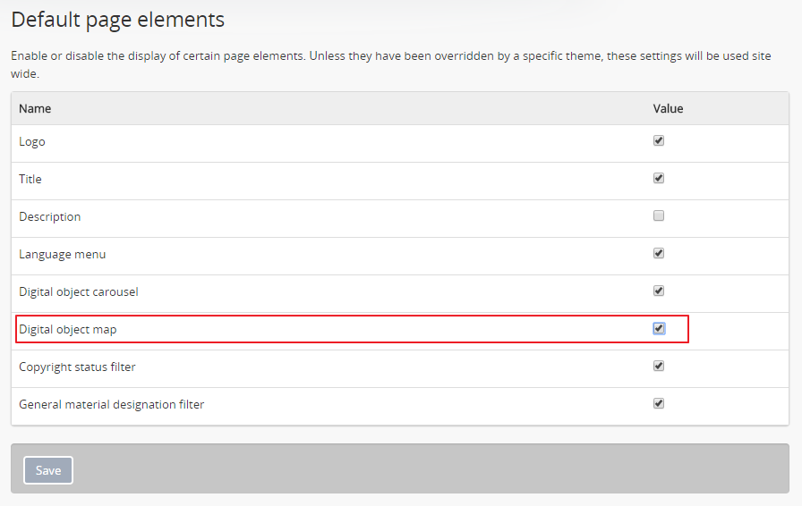 The Digital object map checkbox in Default page elements