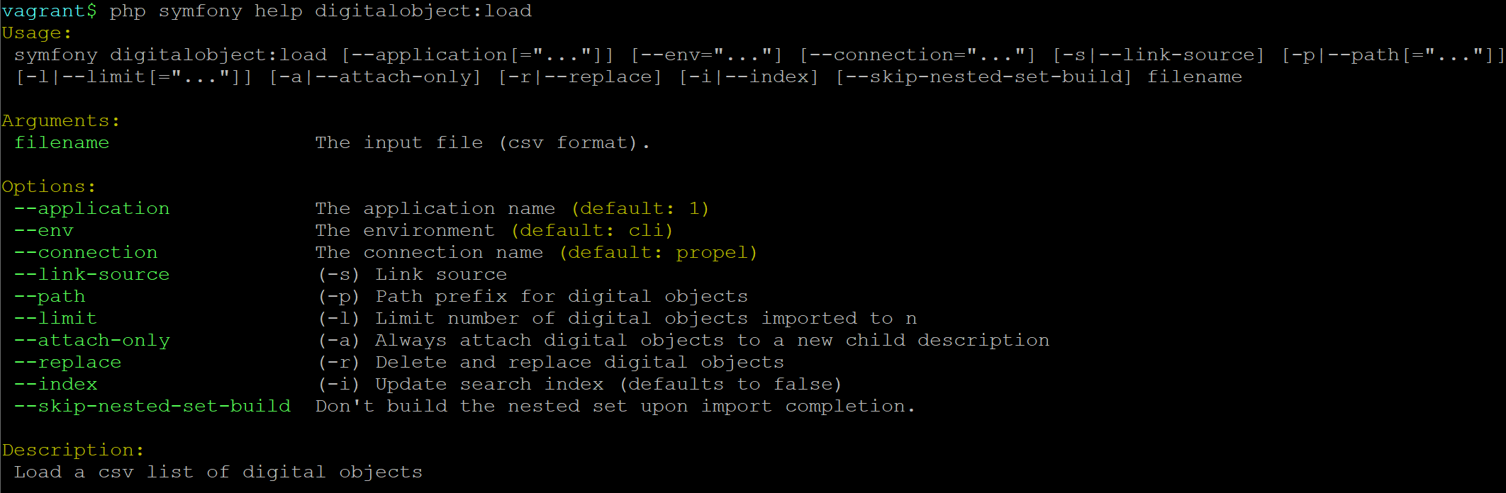 An image of the command-line options for digitalobject:load