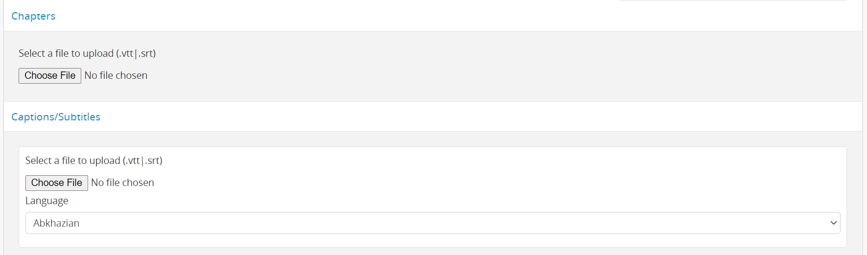The Chapters and Caption/Subtitles upload options in the digital object edit page