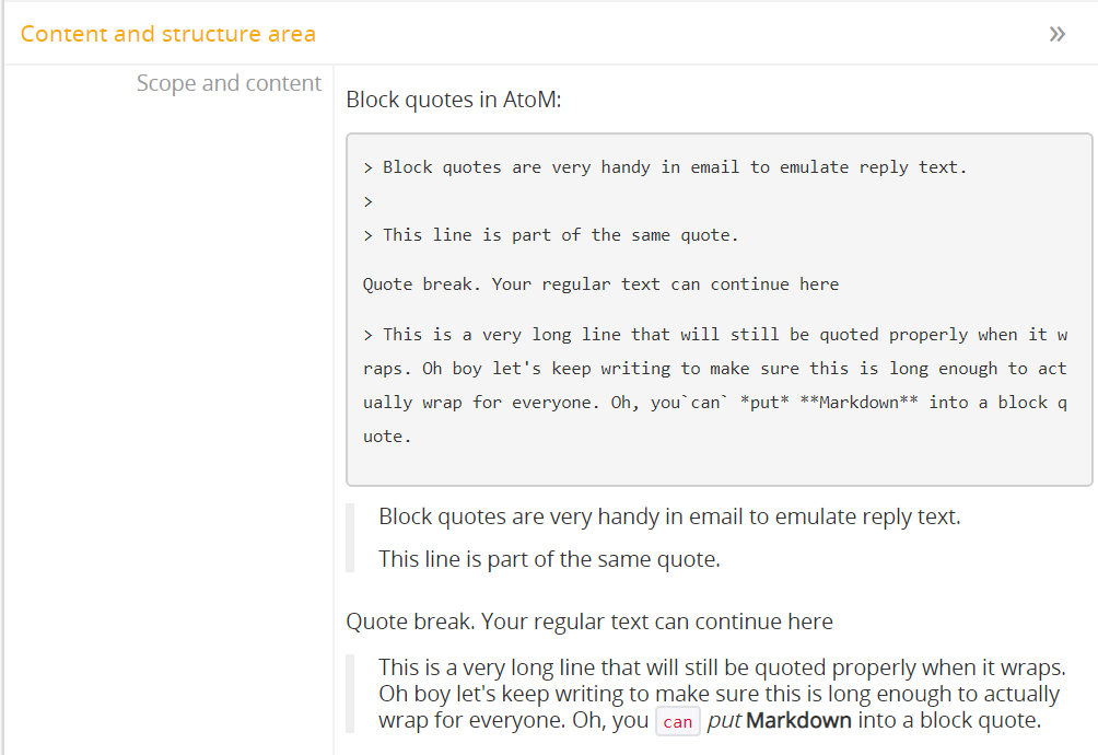 An example of markdown block quote formatting rendered in AtoM