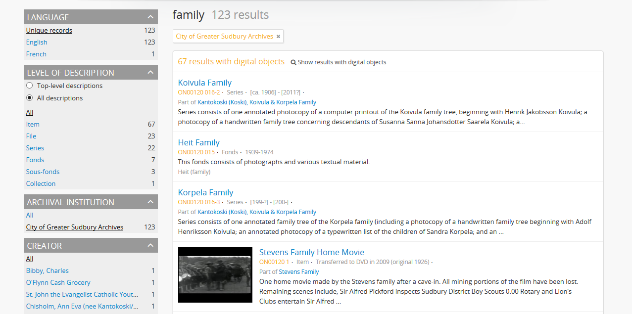 An example of a results page from a search using the holdings search box
