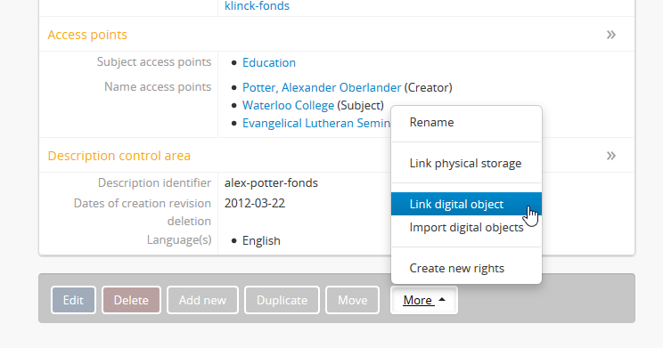 A image of the more menu, with the Link digital object option selected
