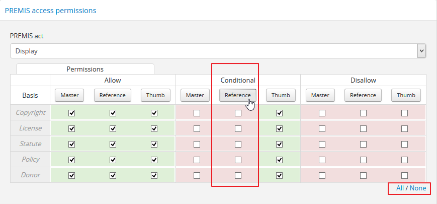 Using the select buttons to toggle values for an entire permissions column