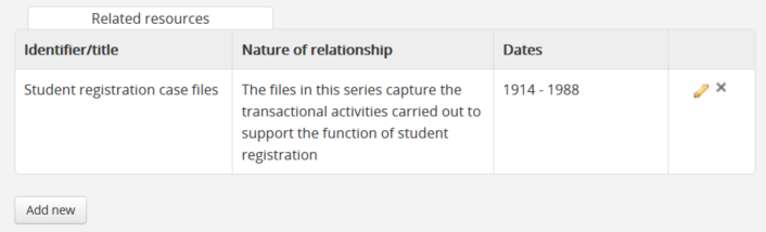 An image of the Related resources table in the Relationships Area