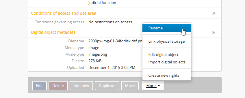 An image of the More button menu opened on an archival description