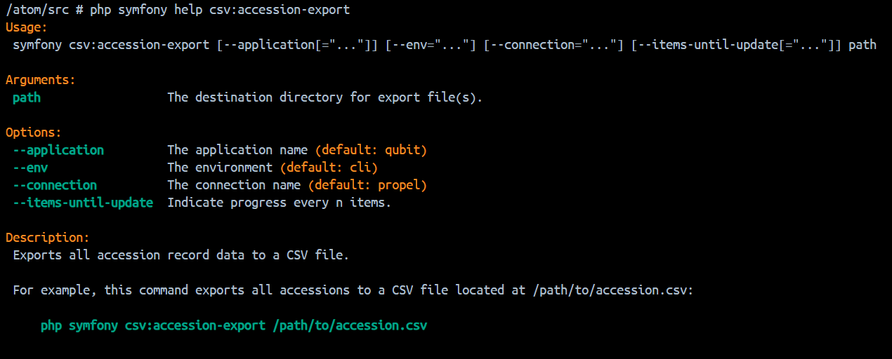 An image of the command-line options for CSV accession export