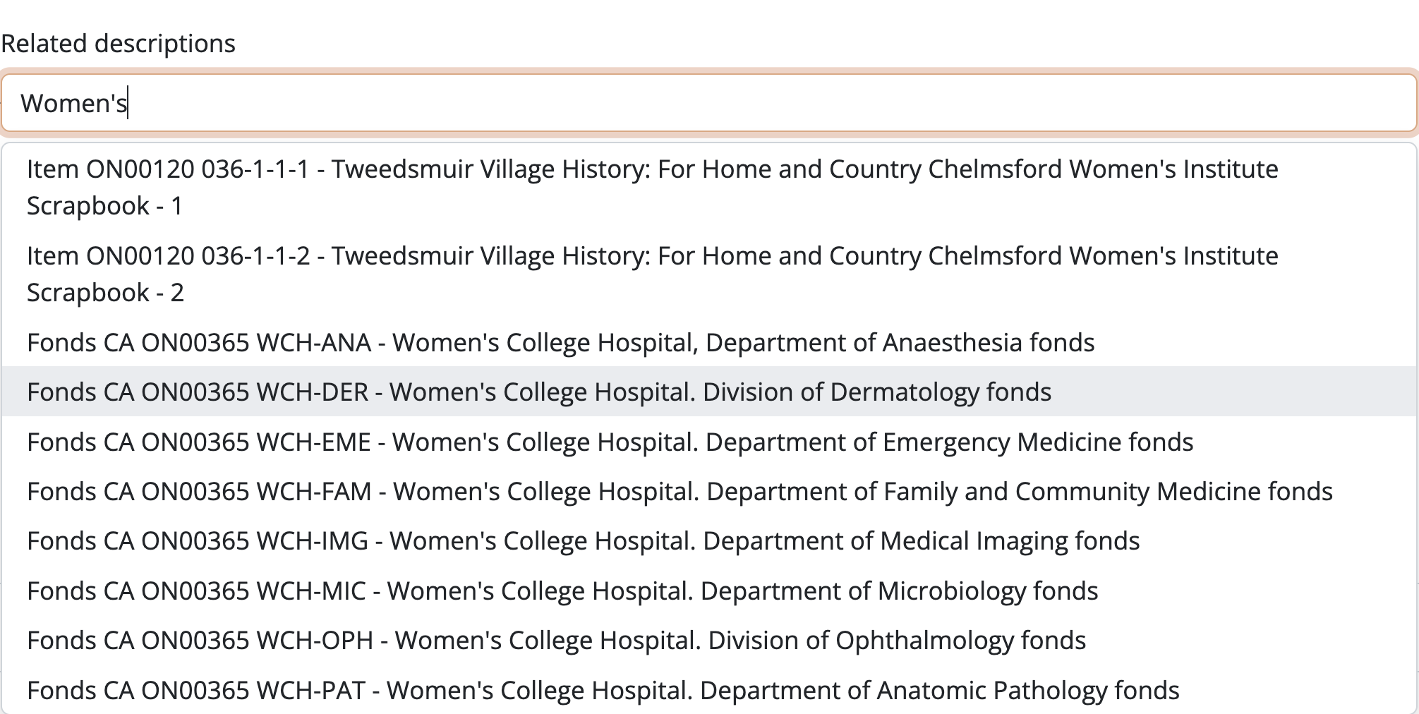 Using the related descriptions field to find another description