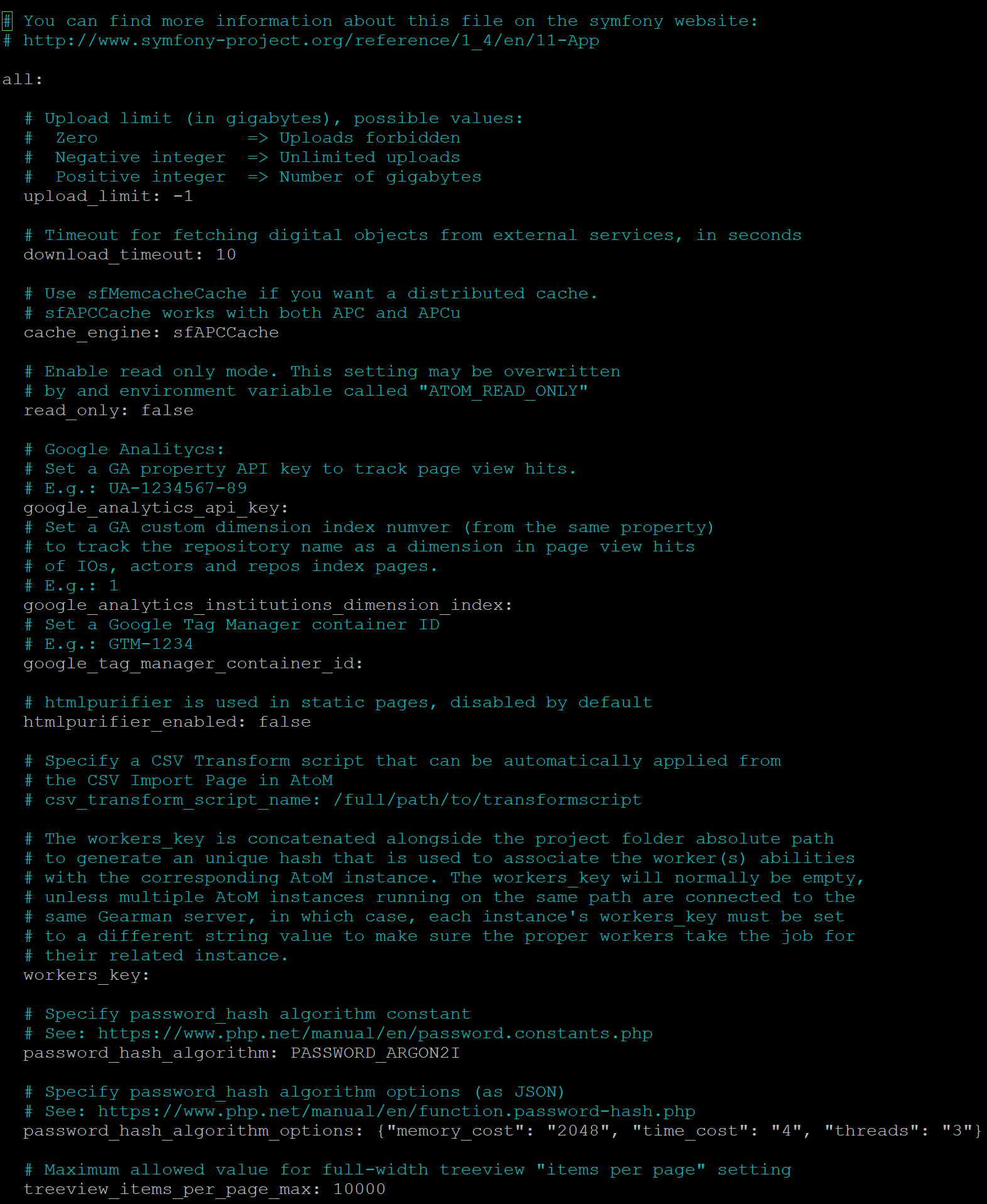 An image of the app.yml file in AtoM
