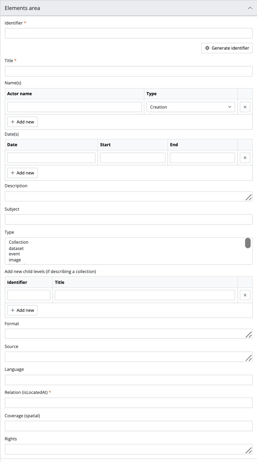 An image of the data entry fields in the DC elements.