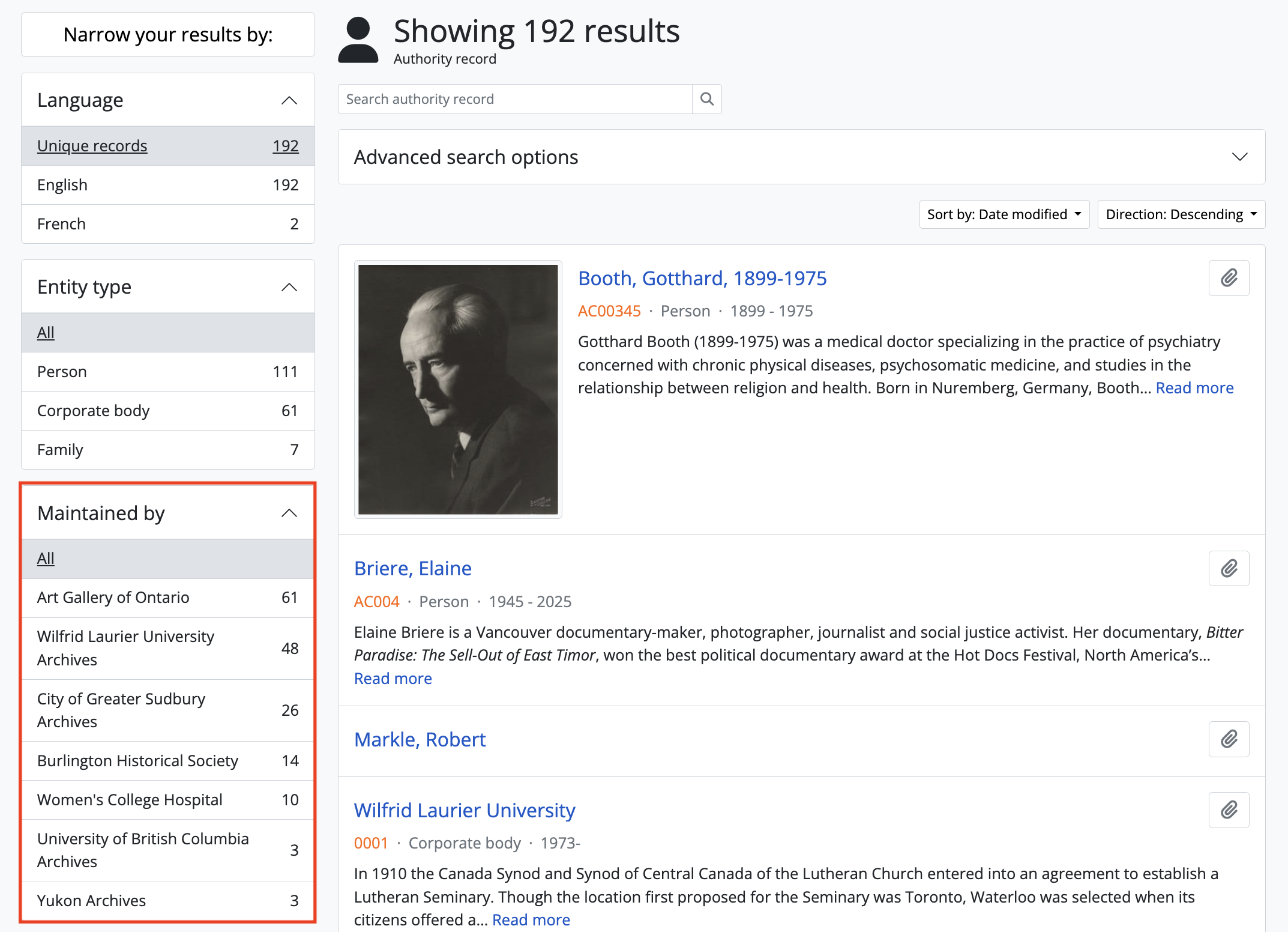 An image of the "Maintained by" facet on the authority record browse page