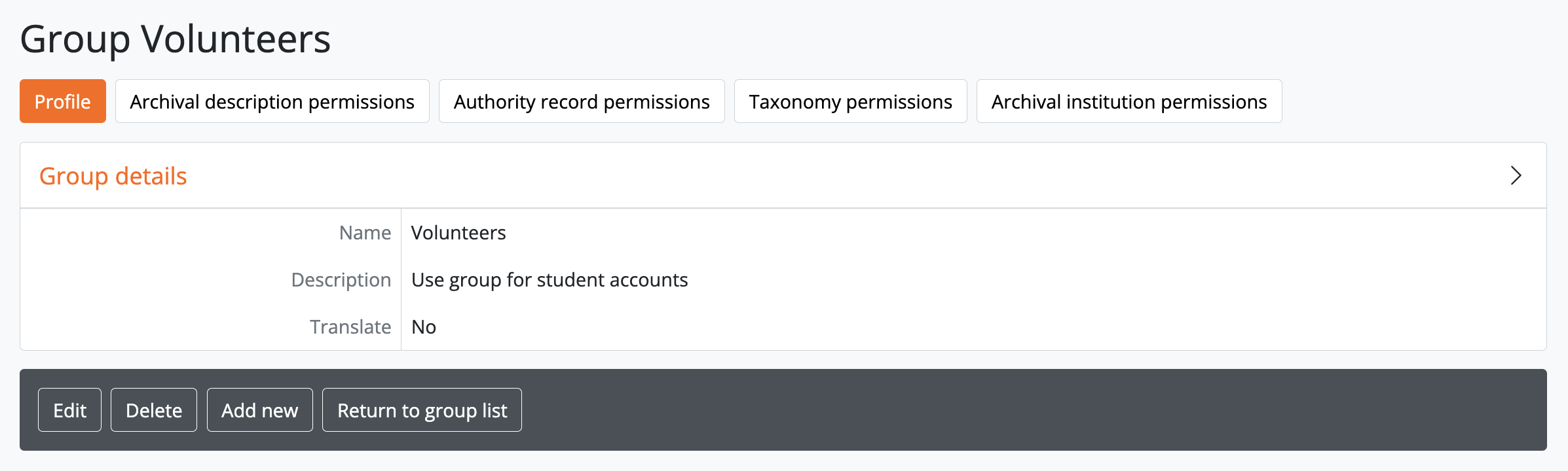 An image of the view page for a new Group