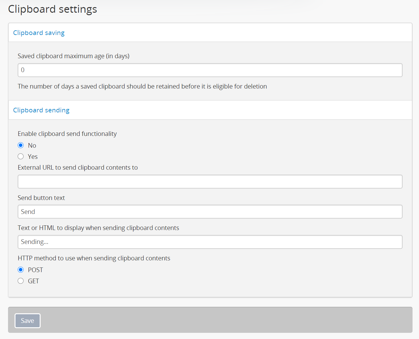 Clipboard settings page in AtoM