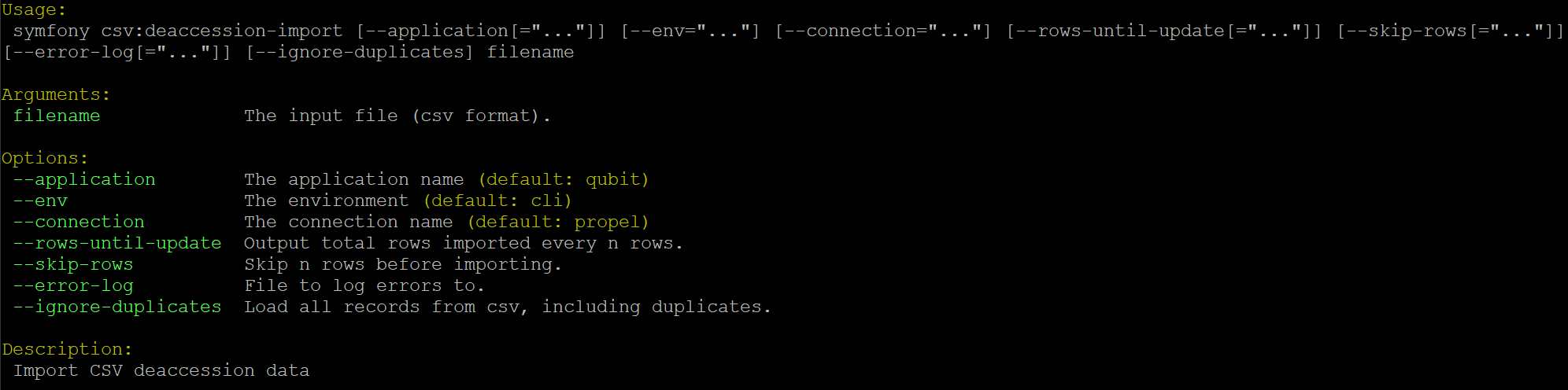 An image of the command-line options for deaccession record imports