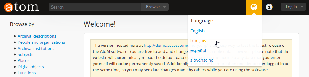 An image of a user choosing a language via the language menu