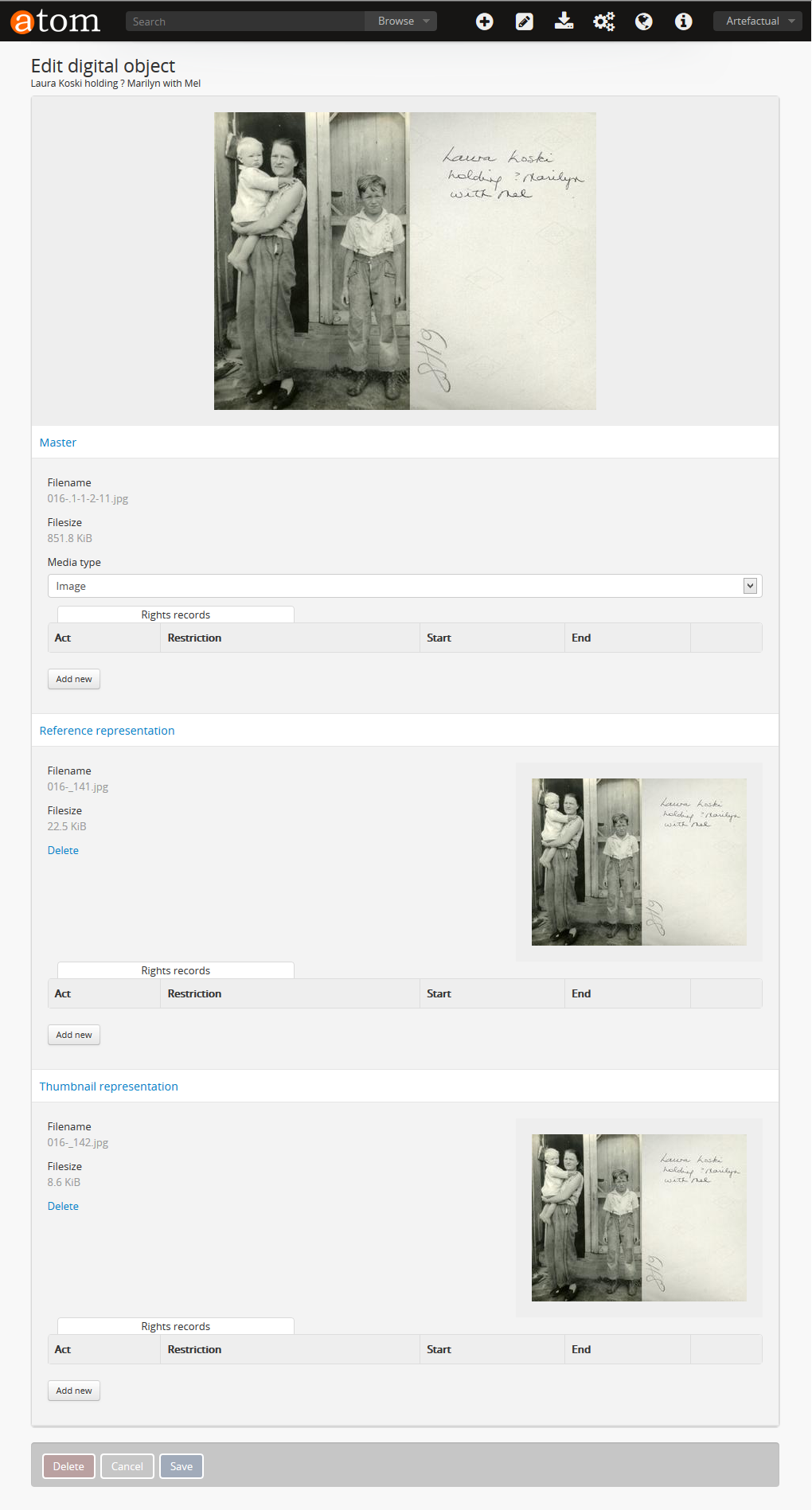 Example of the edit digital object page
