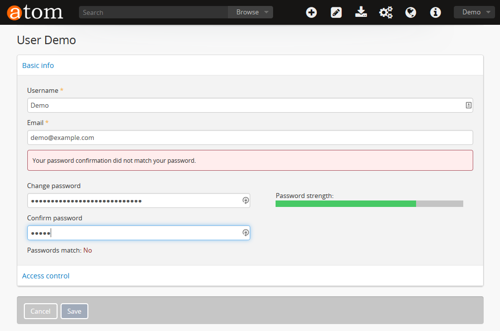 An image of the profile edit page reloaded after a password mismatch
