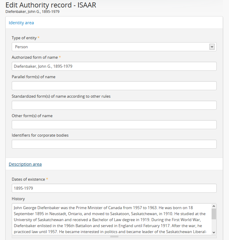 Example of an authority record edit page