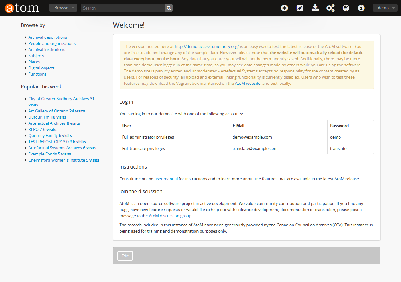 Example of the AtoM demo site home page