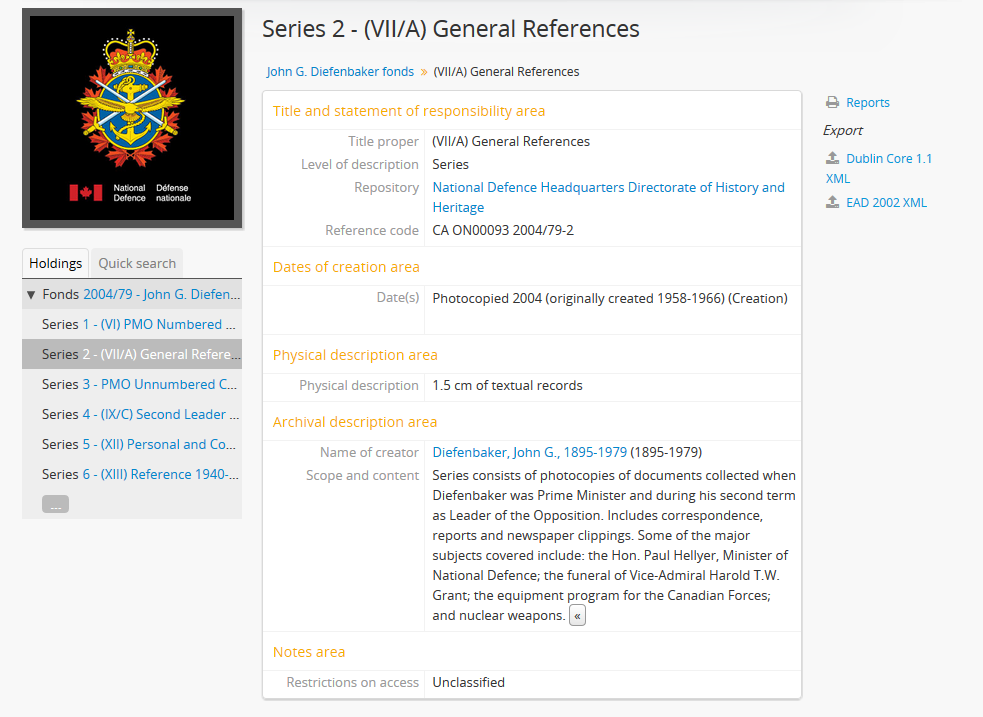 Example of an archival description view page