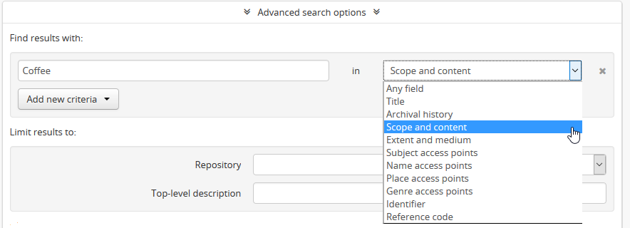 An image of a user limiting a search term to the scope and content field using the advanced search panel