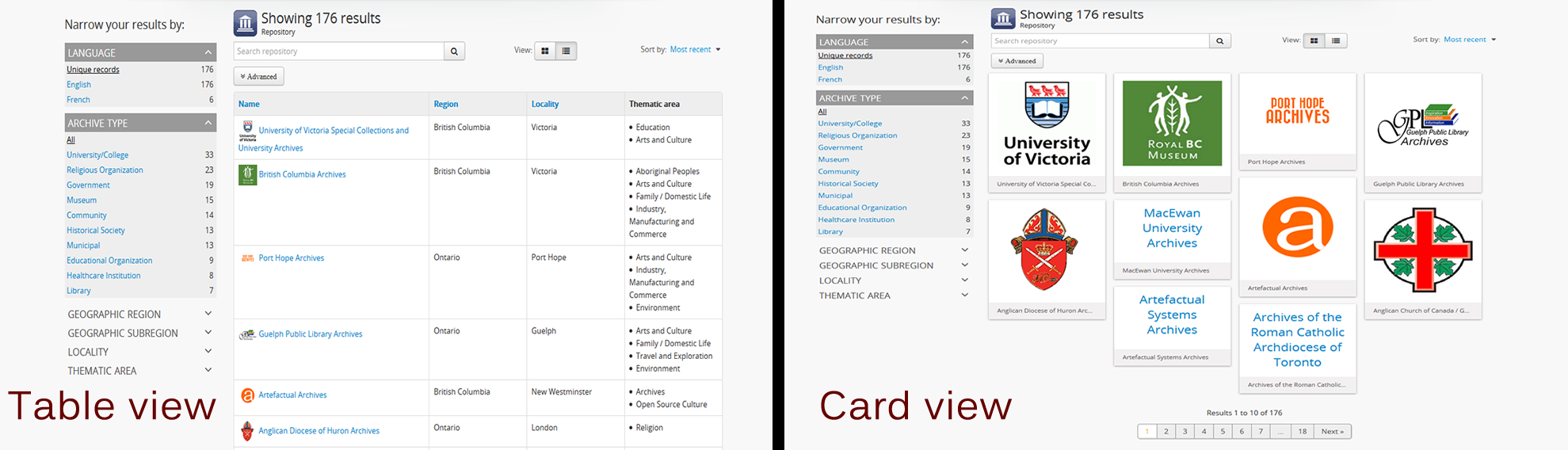 An comparison of the card and table views of the repository browse page
