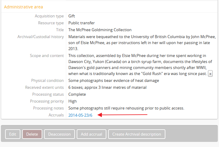 A link to related accruals on an accession