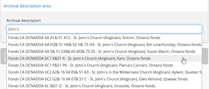 The link archival description area in the accession template