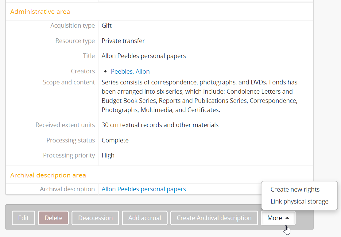 Rights entry form accessed in the button block