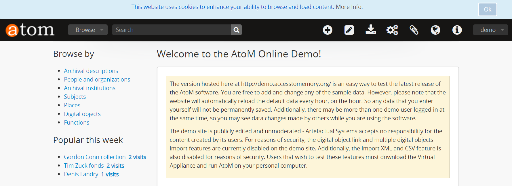 An image of the privacy notification banner shown above an AtoM homepage